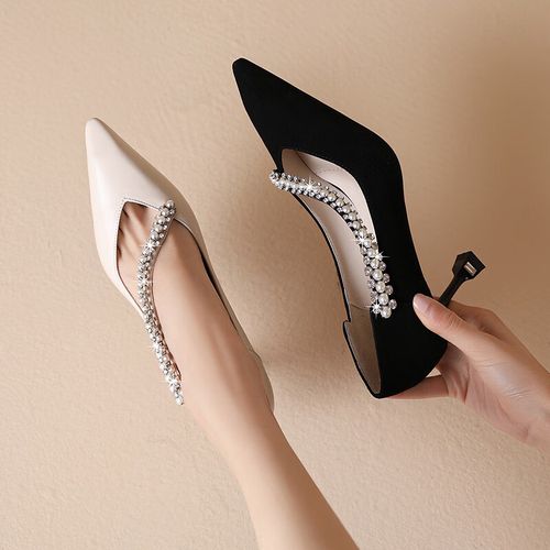 mms)严选珍珠水钻中高跟单鞋女细跟尖头2024春春新款欧美时尚扣带浅口