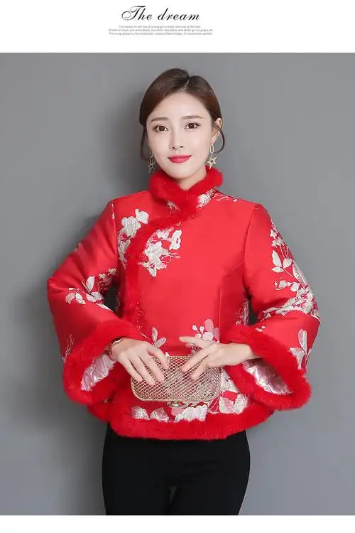 6379#2020冬季新款中国风红色唐装改良旗袍上衣兔毛夹棉短款棉服