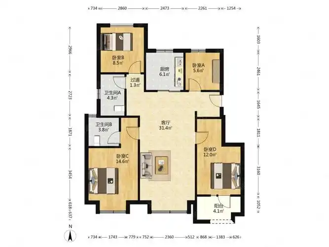 草户型,中央空调,中间楼层,万科蔚蓝城市花园二手房,313万,4室2厅,2卫