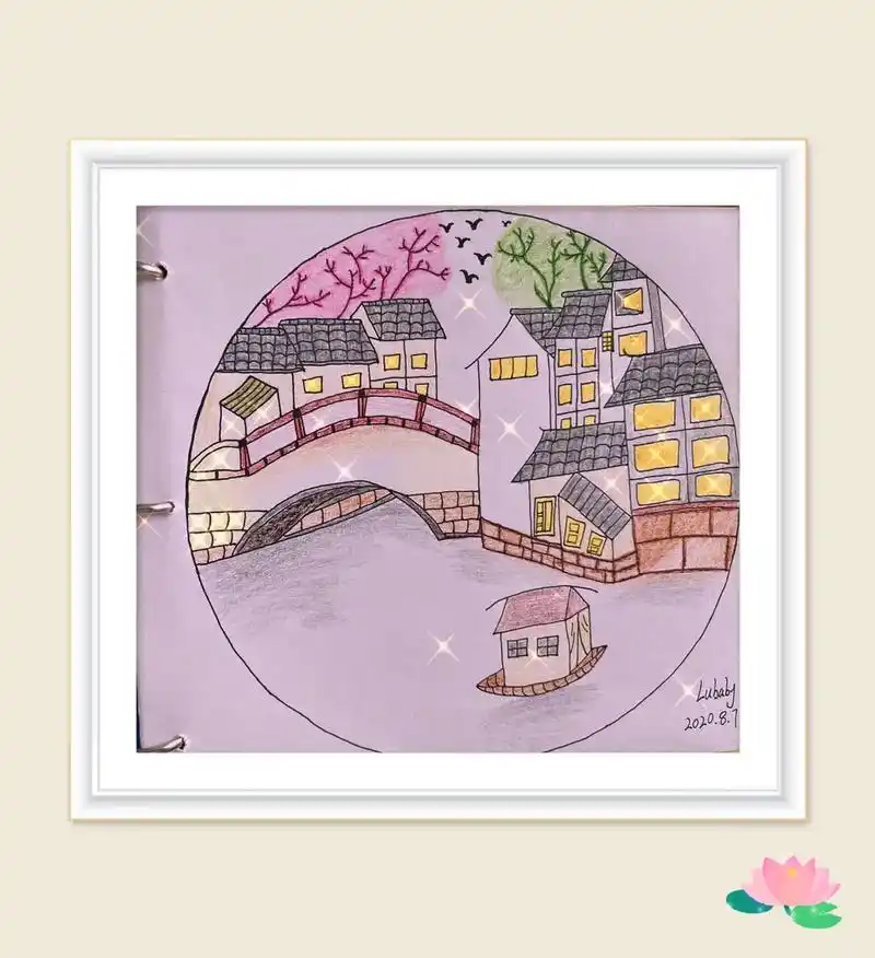 彩铅风景画94   无意间翻出彩铅笔,画一幅#小桥流水人家 - 抖音