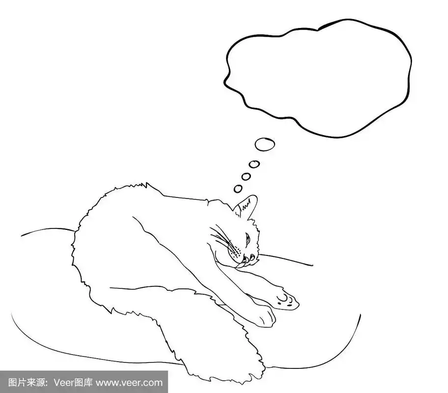 矢量插图,孤立的微笑白日梦的东西快乐的猫,梦云与空白的黑白颜色