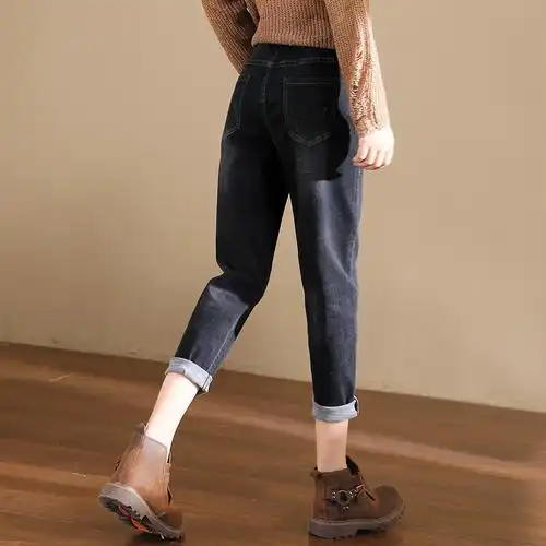 高腰九分老爹牛仔裤女秋新款可翻边小脚萝卜裤百搭宽松哈伦裤子女