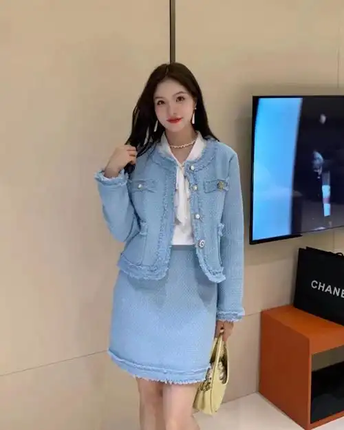 现货韩国小香风高级感粗花呢外套显瘦半身裙秋冬两件套装 - 17网