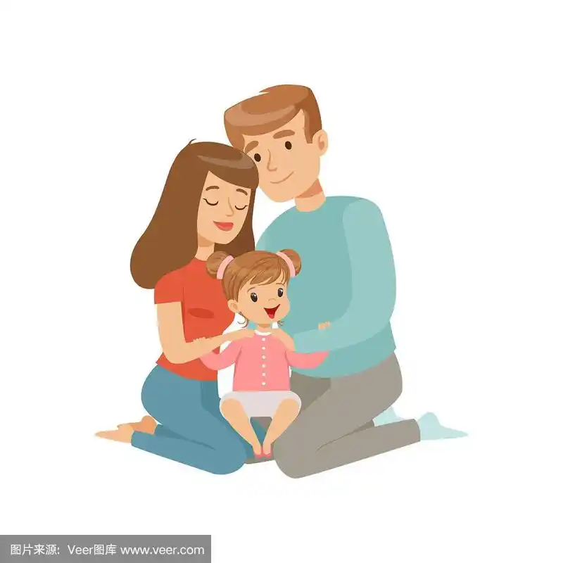 父母拥抱他们的女儿,母亲和父亲拥抱孩子,幸福的家庭概念矢量插图在一