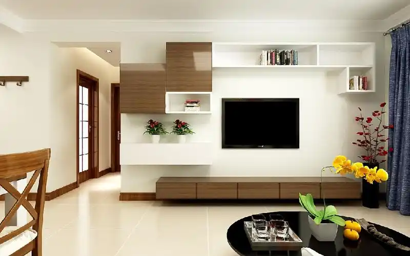 电视背景墙采用吊柜装饰,来增加墙面丰富感,同时增加空间收纳性.