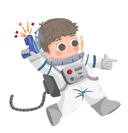 淡雅手绘插画卡通拿信号器穿太空服的男宇航员透明底免抠素材