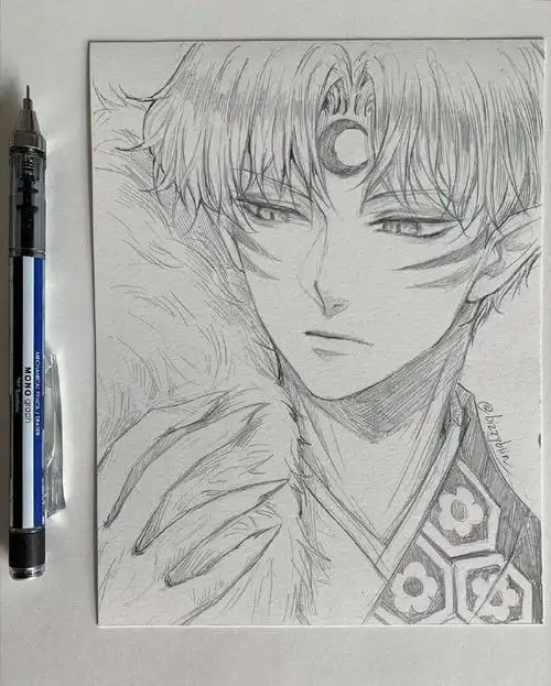 犬夜叉杀生丸铅笔画手绘线稿,帅气的杀生丸临摹素材