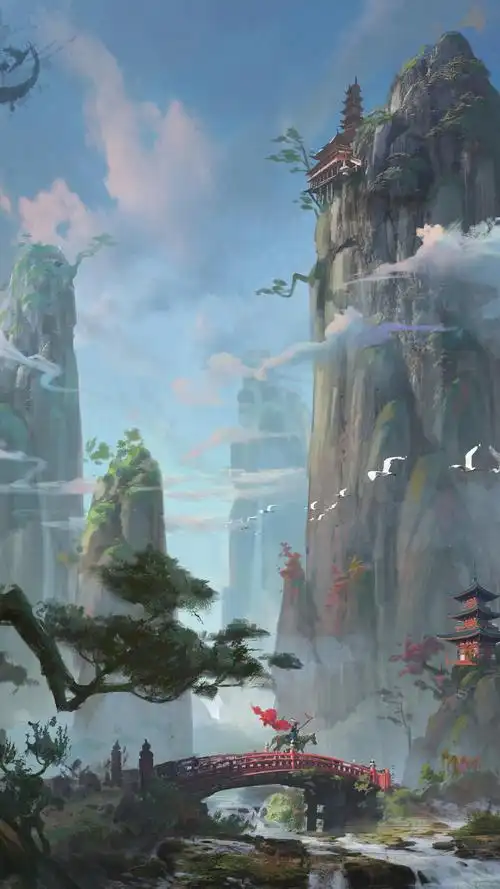 古风意境插画壁纸山河自然手绘