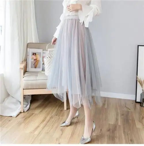 纱纱裙春夏超仙的撞色中长款a字蓬蓬半身裙纱纱裙森系ins网纱裙灰粉色