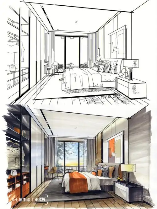 卧室空间手绘效果图线稿77马克笔上色