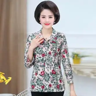 苏语梵中年妈妈装夏装长袖冰丝中老年人女翻领衬衣老人妈妈春夏大码