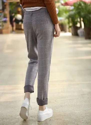 秋冬新款 复古格子长裤女裤韩版宽松显瘦bf哈伦裤女西装休闲裤