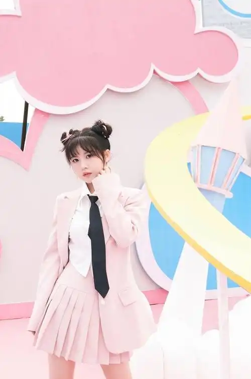 赖美云丸子头粉红百褶裙青春活力写真