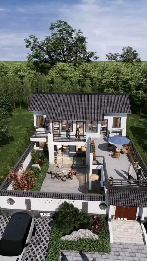 13x17米二层现代中式小院自建房别墅设计-度小视