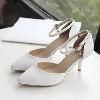 2018新款包头凉鞋女夏韩版一字扣小清新高跟鞋女细跟职业单鞋5cm 白色