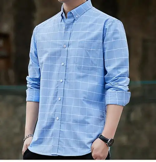 2021春季新款格子衬衫男士长袖休闲衫衣上装韩版潮流帅气打底衬衣