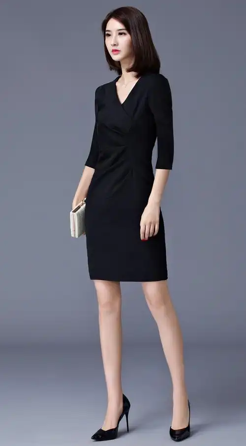 天天特价修身连衣裙女ol气质v领七分袖显瘦打底包臀职业一步裙秋_3折