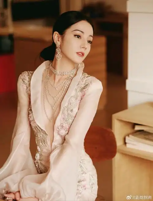 迪丽热巴深v刺绣礼服
