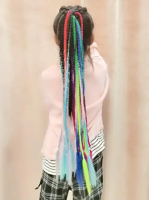 脏辫假发儿童成品彩色编织麻花辫编发小辫子马尾七彩色脏脏辫头绳 黑