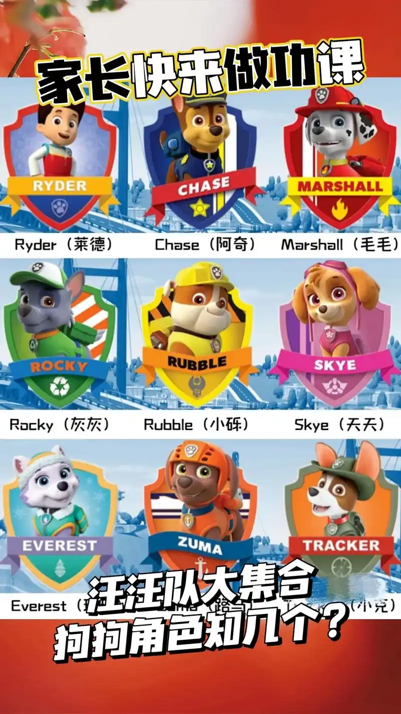 汪汪队大集合.阿奇,毛毛,小砾,灰灰,勇敢狗狗名字知道几个? - 抖音