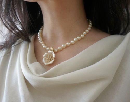 vintage古董首饰nolanmiller优雅莱茵石山茶花仿珍珠项链复古颈链