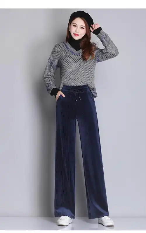 金丝绒裤子老人女裤中老年人休闲裤阔腿裤垂感灯芯绒高腰直筒 灰色不