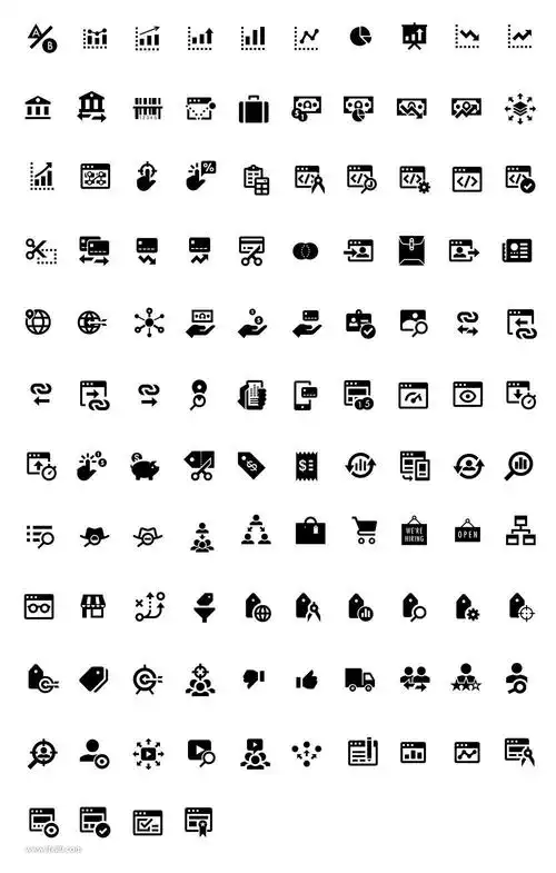 100个标志符号图标,搜索引擎优化,商业和金融雕文