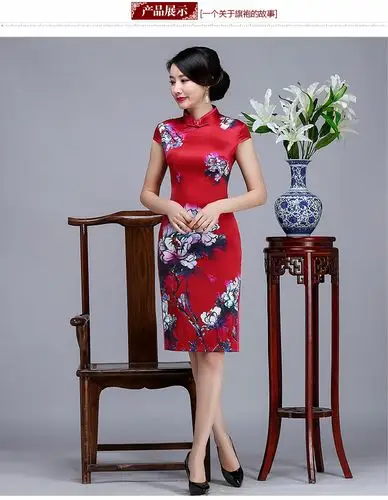 qq622新款红色真丝旗袍短款桑蚕丝旗袍裙