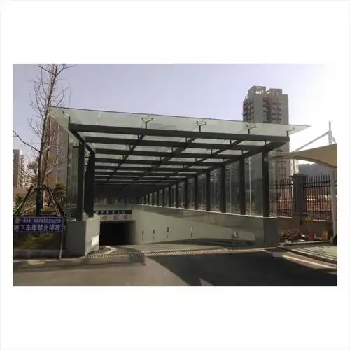 东方五星停车场雨棚安装停车场出入口玻璃雨棚加工