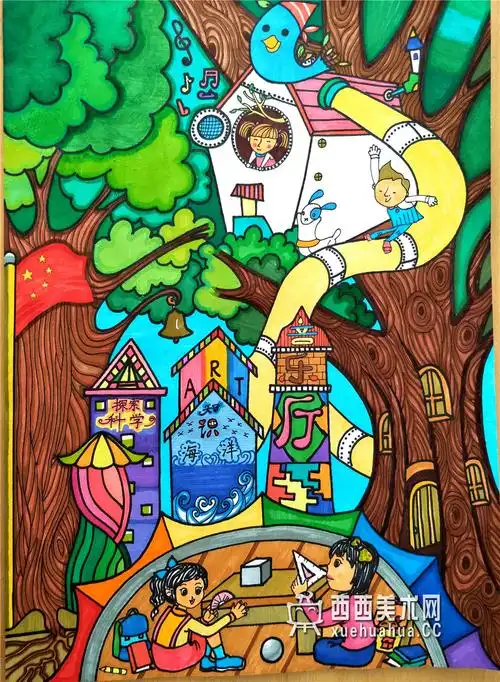 小学生获奖科幻画《神奇的树屋学校》赏析--简笔画大全