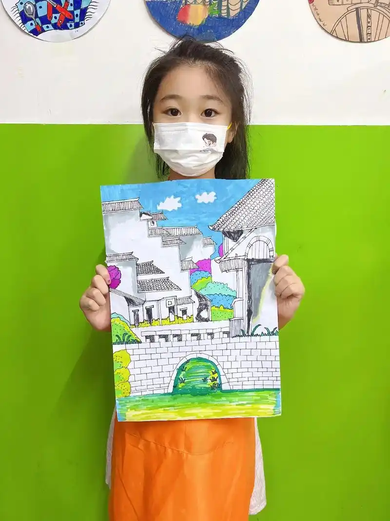 一起学画画 #少儿美术  作品《江南小镇》 - 抖音