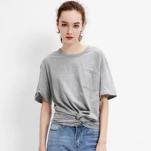 奥芝国  白灰2色 时髦下摆交叉打结 圆领五分袖 宽松短款棉t恤