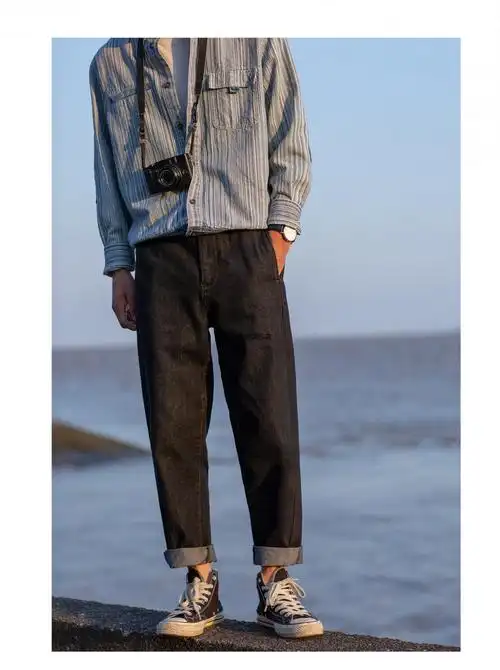 高腰宽松锥形牛仔裤男配马丁靴黑色水洗九分裤子黑色31