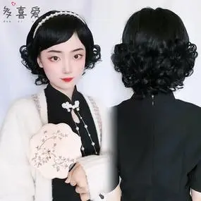 假发女短发古装复古斜刘海手推波纹旗袍造型民国风拉花全头套自然