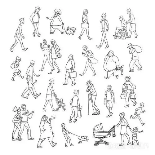 母亲与婴儿推车, 学童和年轻的朋友.设置人物插图插画-正版商用图片