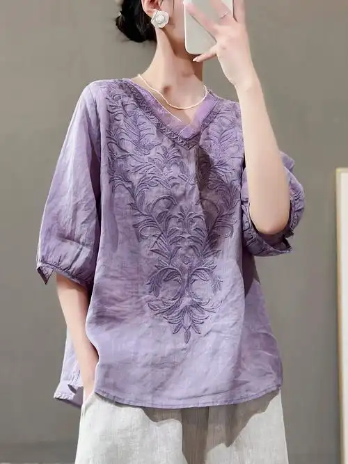 夏季新款刺绣苎麻百搭时尚棉麻衬衫上衣复古衬衫女宽松短袖女 - 17网