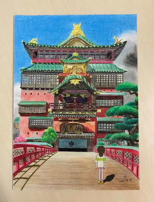 千与千寻宫崎骏动漫场景彩铅画