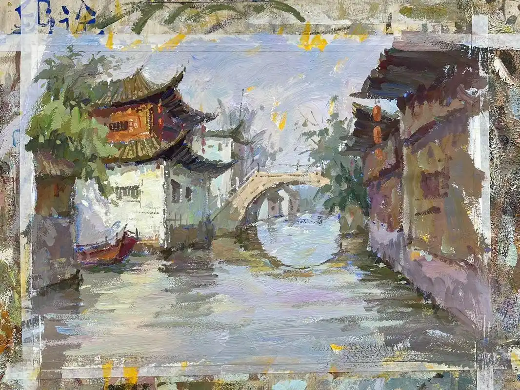 色彩风景水乡(作画步骤图)   画色彩风景一定要有清晰的作画思路,不然