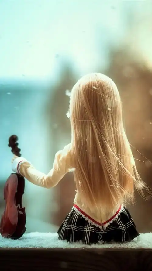iphone 壁纸 娃娃女孩,背影,小提琴,雪