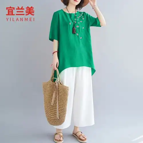 棉麻套装女40岁妈妈夏装2021年新款女装时尚休闲遮肚子亚麻两件套