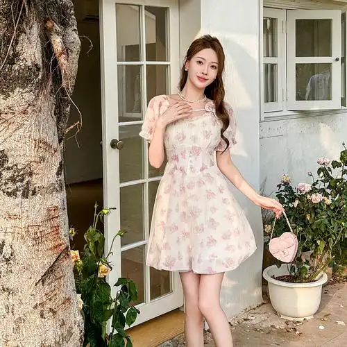 2024夏季甜美减龄泡泡短袖方领收腰显瘦a字印花蓬蓬公主连衣裙… - 17