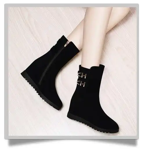 仙宝蝶短靴女2018秋冬新款平底内增高深口女鞋ol圆头英伦风女士中_不