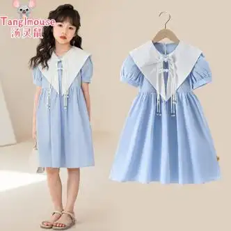 汤灵鼠女童连衣裙夏装新款时尚8岁女孩衣服连衣裙儿童衣服女浅蓝色130