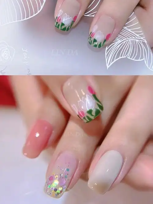 手绘郁金香这个春天好温柔美甲