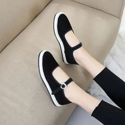 千层底布鞋防臭女棉布方口搭扣黑色灯芯绒布底女透气厂家批发代发