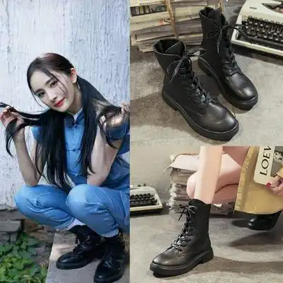 杨幂同款马丁靴女英伦风2019秋冬新款百搭帅气系带厚底机车短靴子_有