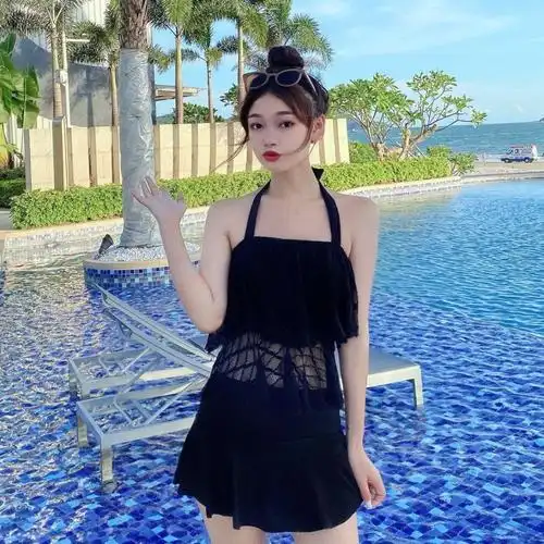 泳衣女大学生泳衣女韩版大码分体绑带遮肚显瘦保守蕾丝学生少女两件套