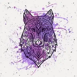 的部落风格狼的矢量黑白插图饲养在雪中的孤狼带有水滴的紫色毛皮质地