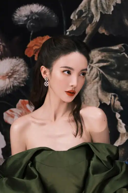 金晨墨绿色长裙复古油画写真