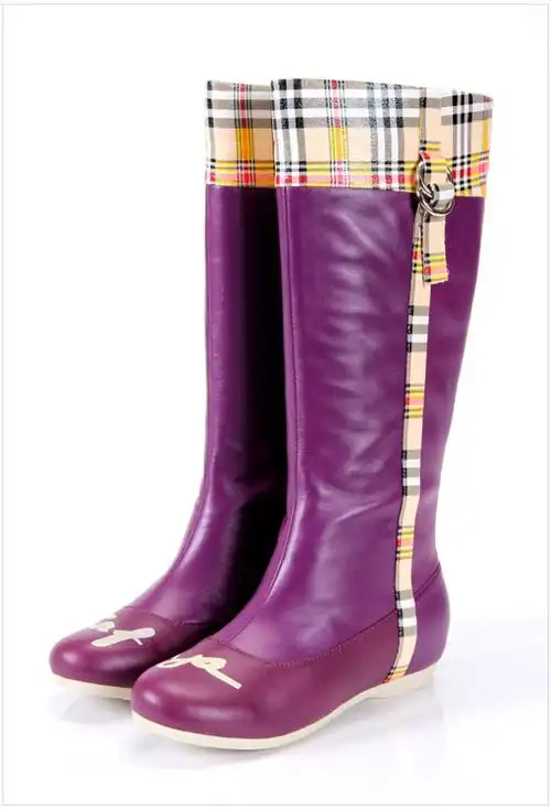 索菲娅(safiya)冬款牛皮格子拼色甜美真皮长靴sf94sf8615 紫色 38